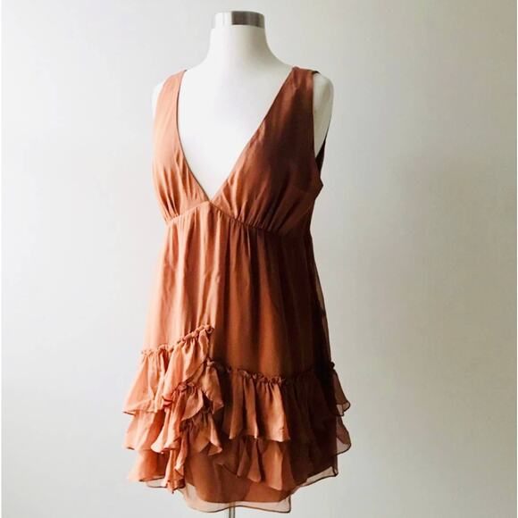 ELIZABETH AND JAMES Orange Rust Silk Ruffle Tank Sleeveless VNeck Mini Dress 4 - Picture 1 of 14